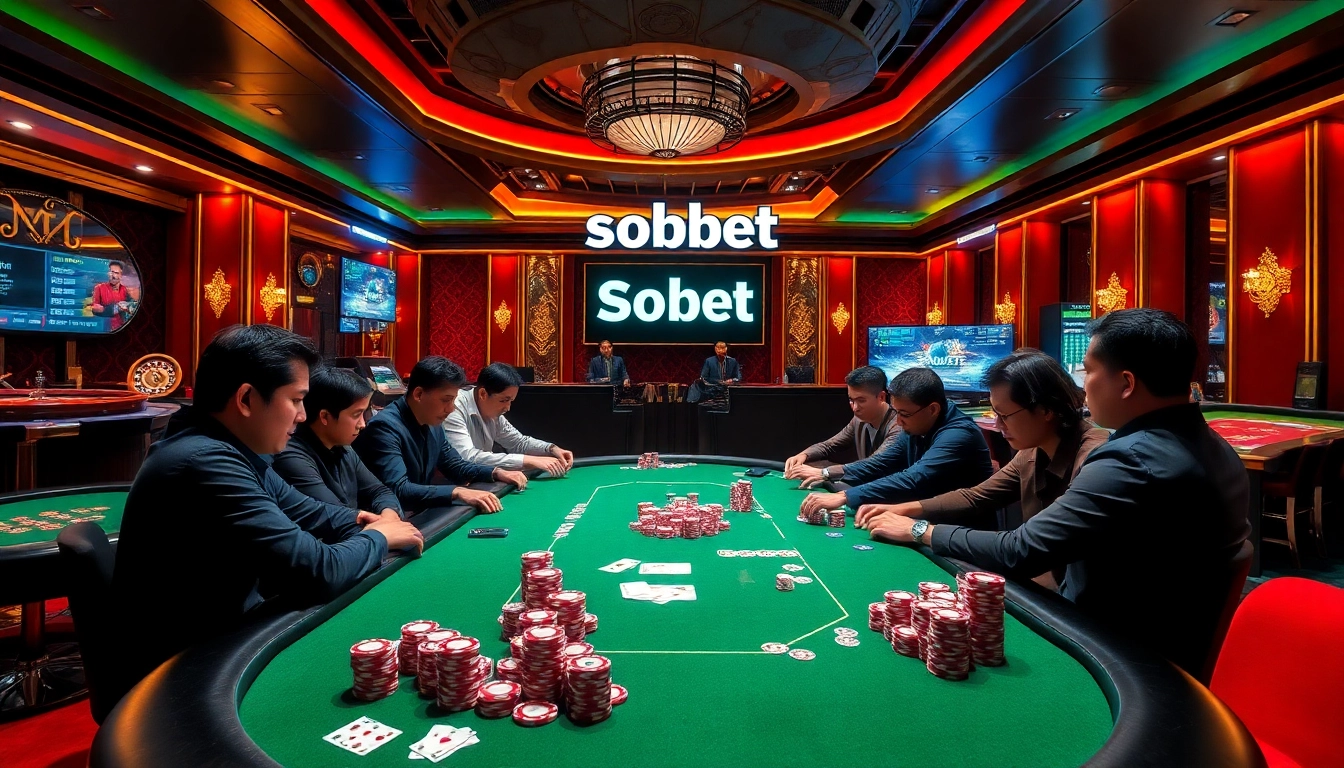 Betting action at a sbobet casino table with vibrant poker chips and players engaged.