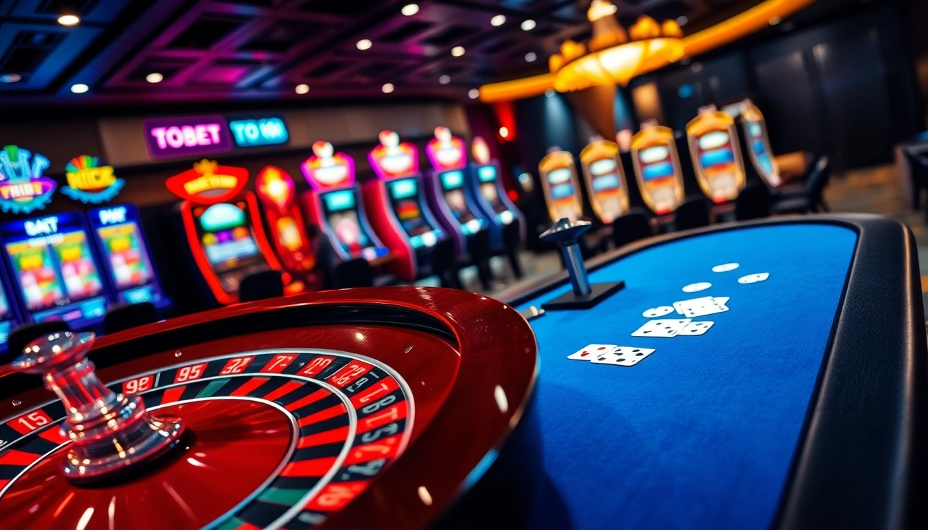 Experience the luxury of gambling at TOBET88 with lively casino visuals, poker chips, and slot machines.