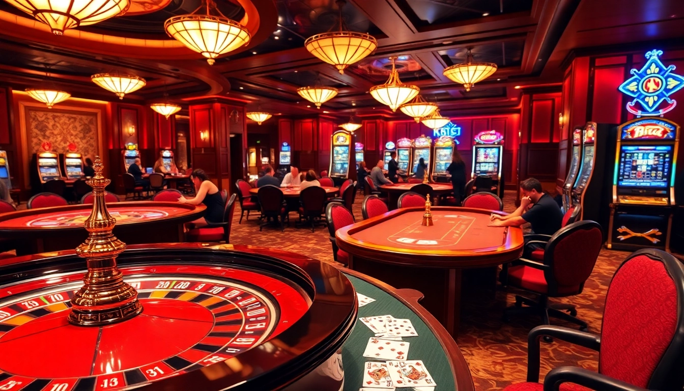 KJC casino scene with players at roulette and poker tables, vibrant gambling atmosphere.