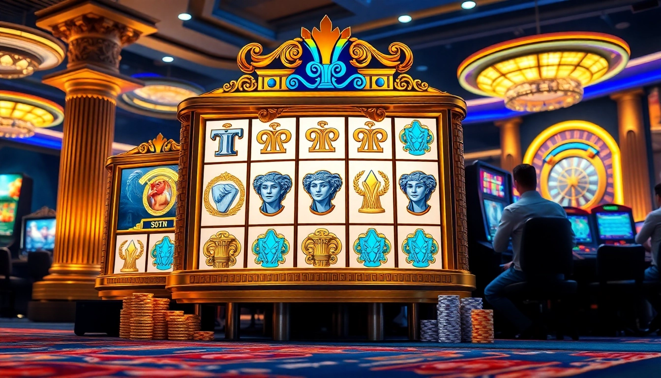 Players engaging with a vibrant olympus slot machine surrounded by casino elements, evoking excitement.