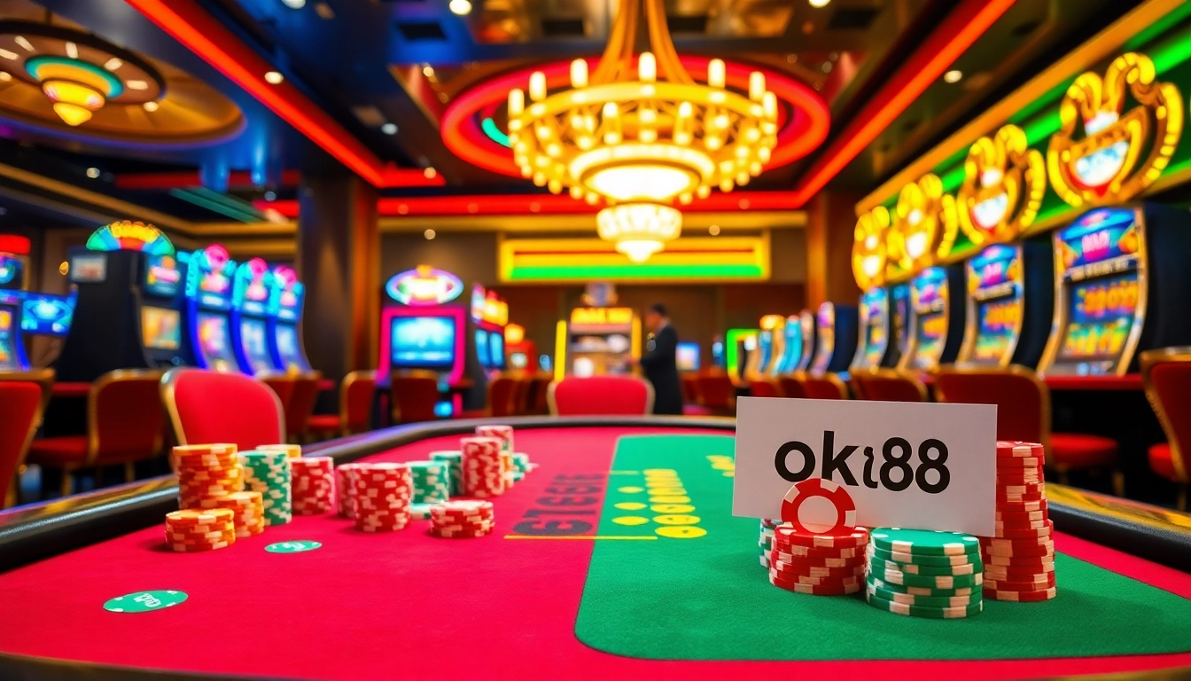 A vibrant casino scene showcasing poker action and slot machines, highlighting ok88 in the betting experience.