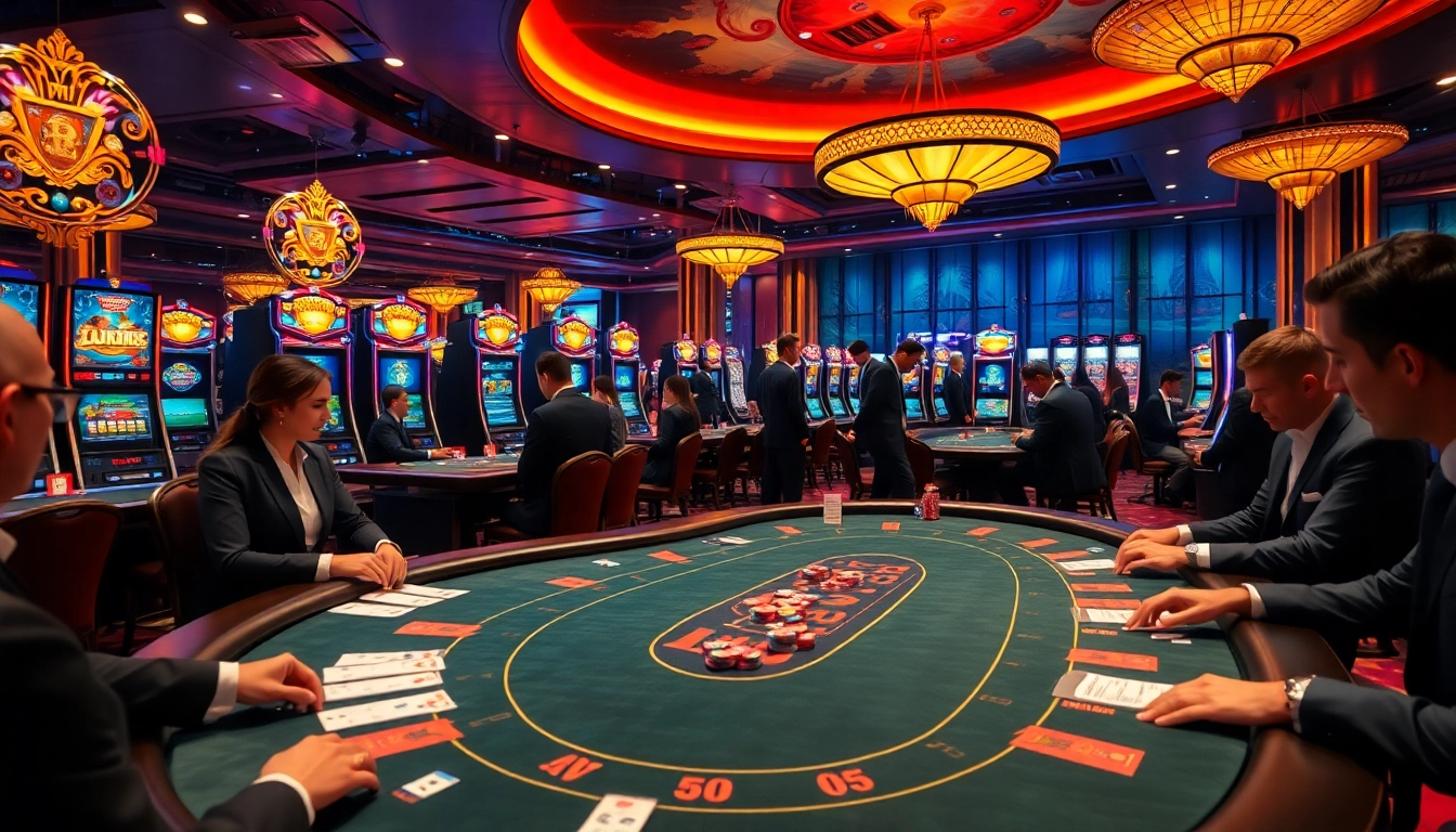 L444 casino scene with players at poker tables and modern slot machines.