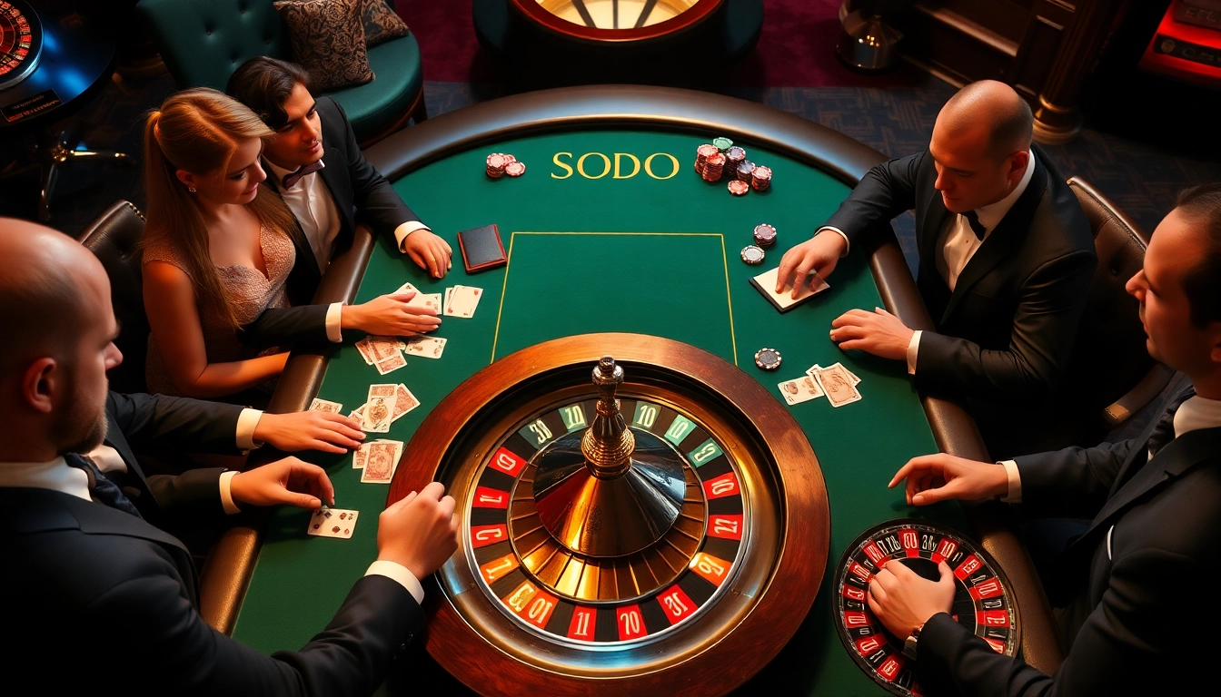 SODO players strategizing at a luxurious casino poker table with vibrant chips and cards.