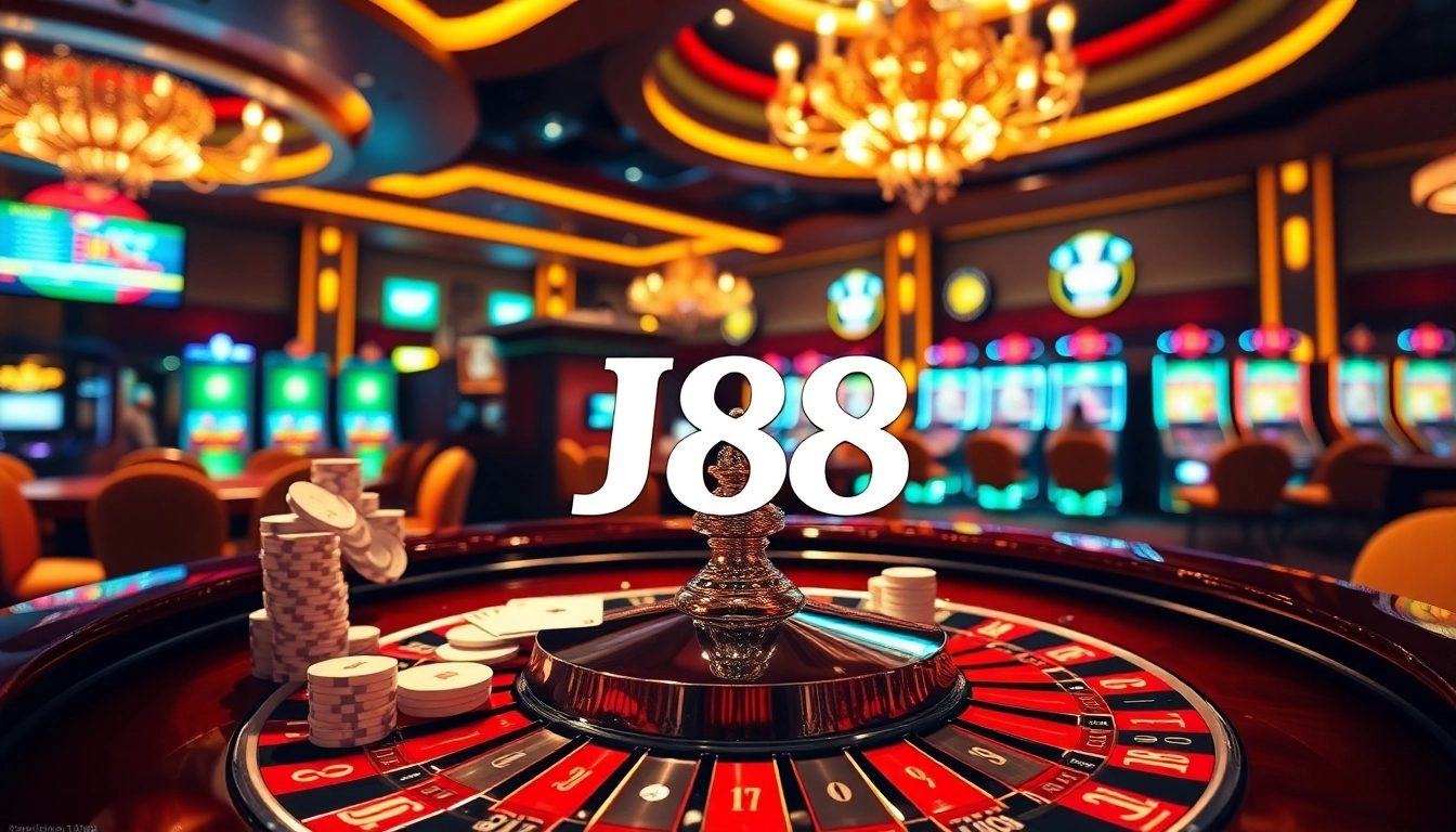 Engaging J88 casino scene with roulette, poker chips, and vibrant slot machines.