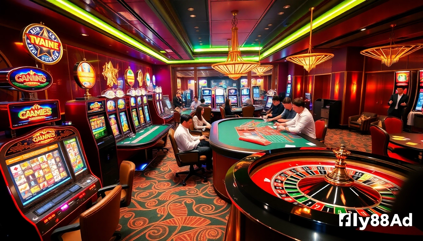 Exciting gameplay at fly88.ad, featuring vibrant slot machines and poker tables in a luxurious casino.