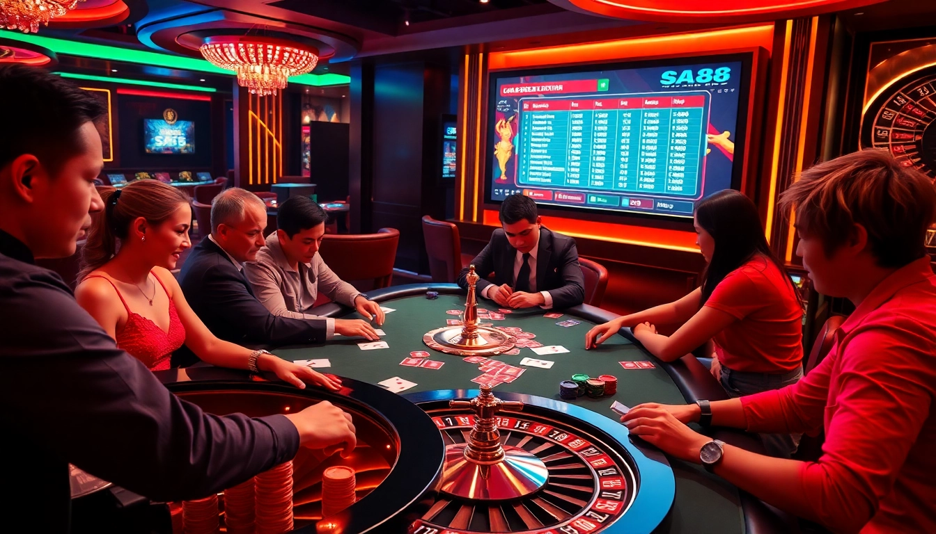 Engaged players enjoying strategy games at a luxurious sa88 casino table with vibrant lighting.