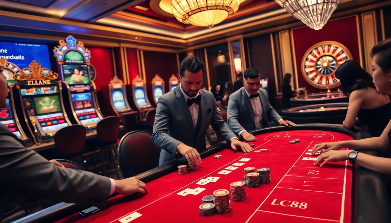 Players strategize bets at a luxurious casino table at https://lc88.jpn.com/, capturing the thrill of gambling.