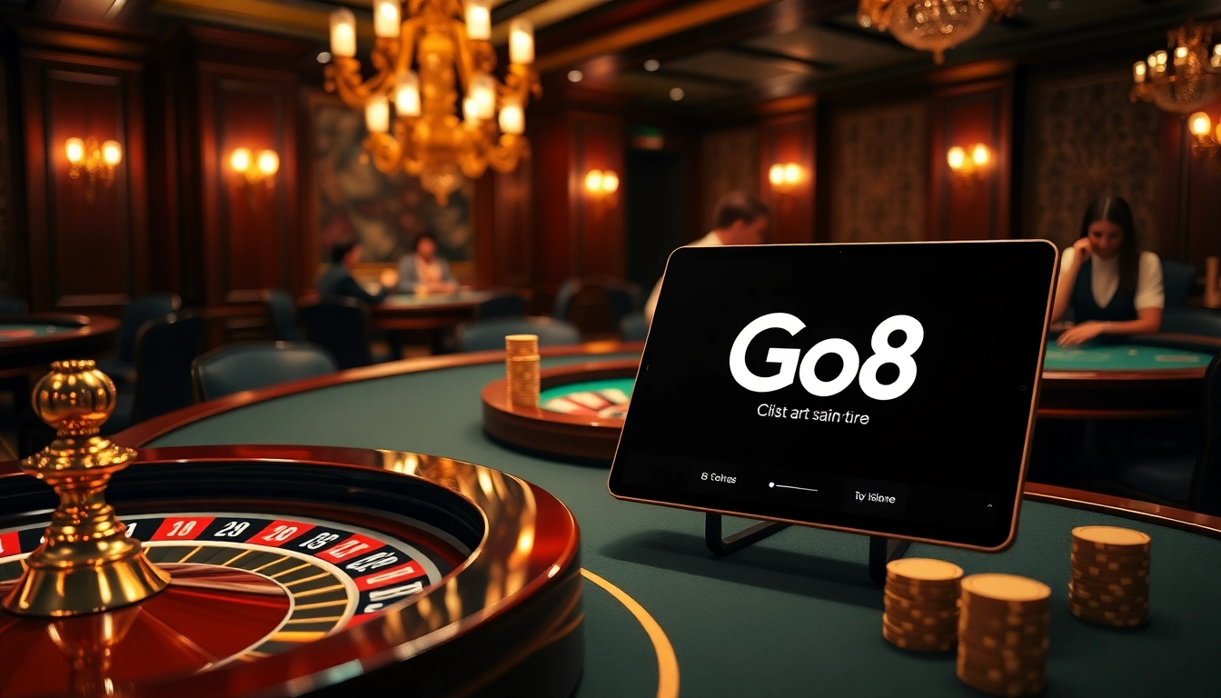 Engaging gamblers at a luxurious Go8 casino table with vibrant roulette and poker chips.