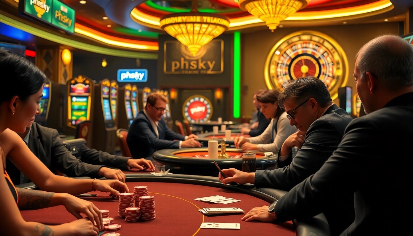 PHSKY gaming enthusiasts enjoy exhilarating gameplay at luxury casino tables featuring vibrant slot machines.
