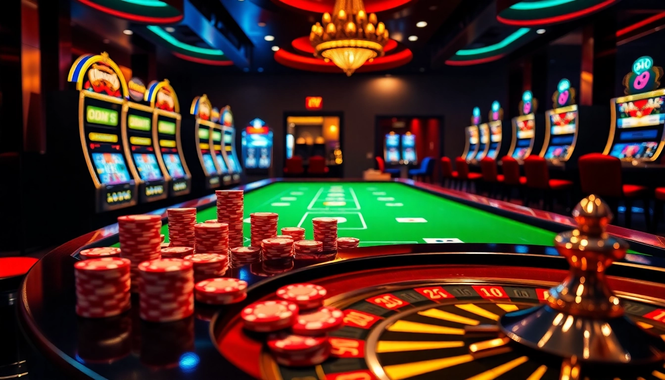 Exciting gaming atmosphere at 79king featuring vibrant slot machines and poker chips.