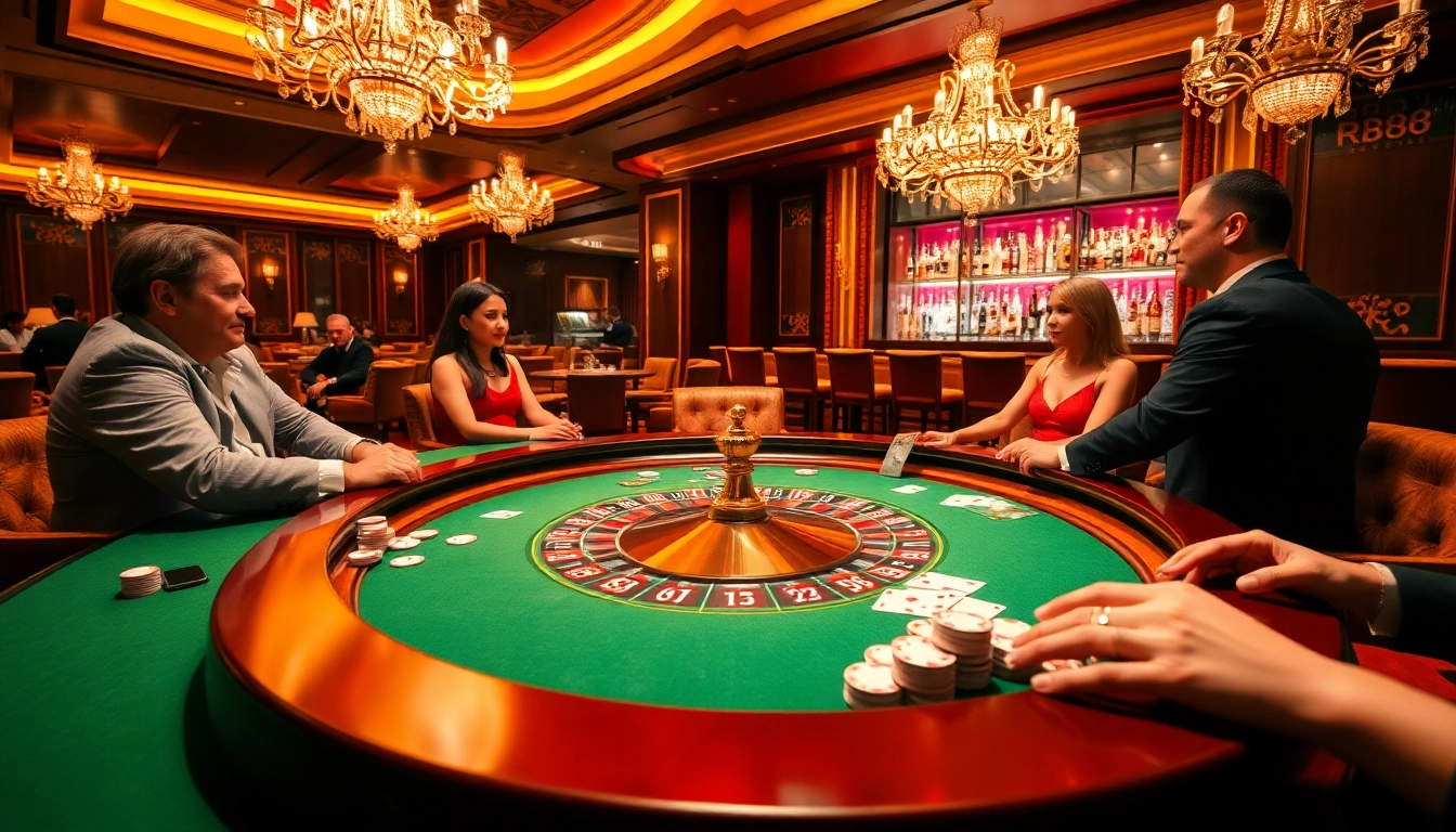 Experience the thrill of RR88 casino gaming with a luxurious roulette table, poker chips, and elegant players.