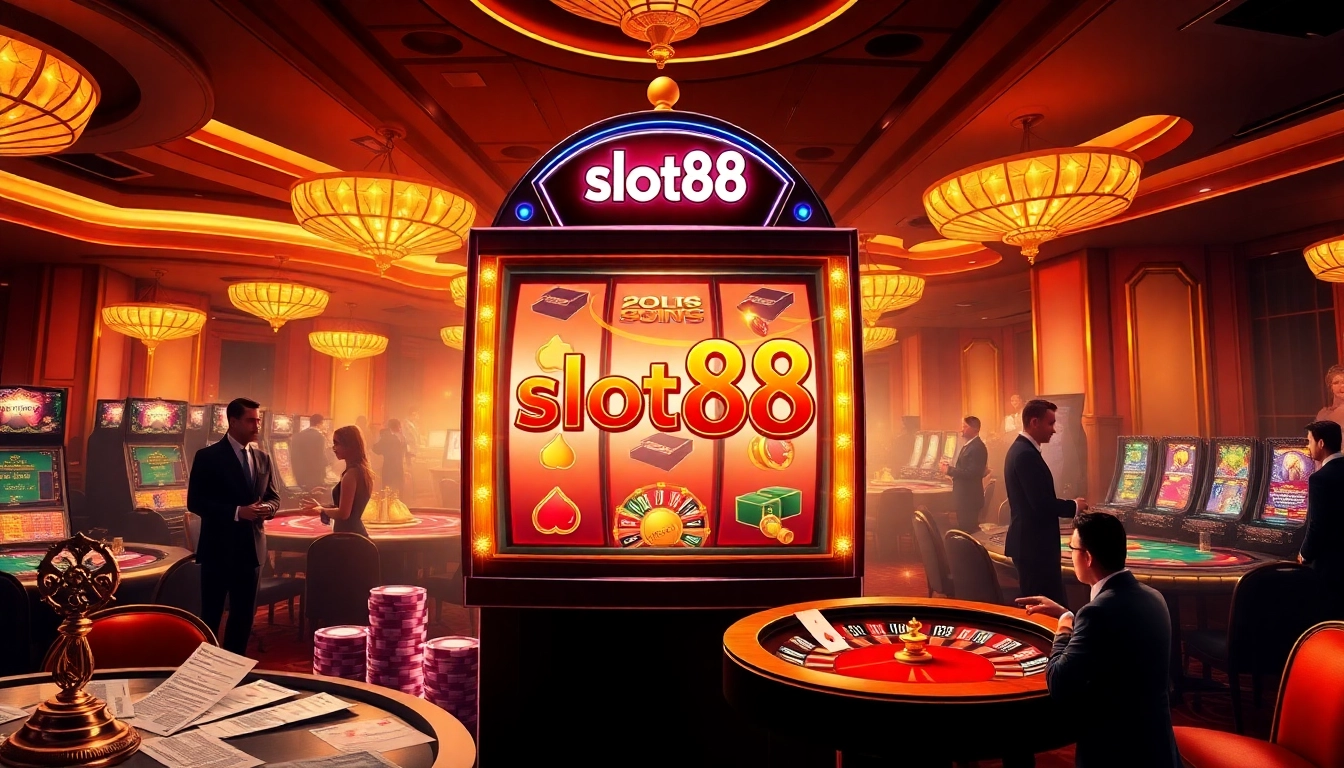Engaging scene of players enjoying slot88 machines amidst a luxurious casino environment.