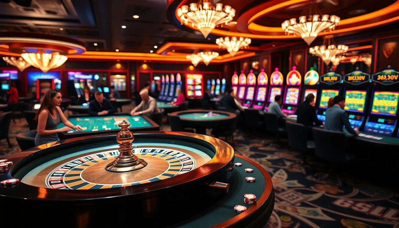 Play lively roulette at 688v's thrilling casino atmosphere, featuring vibrant gaming tables and lights.