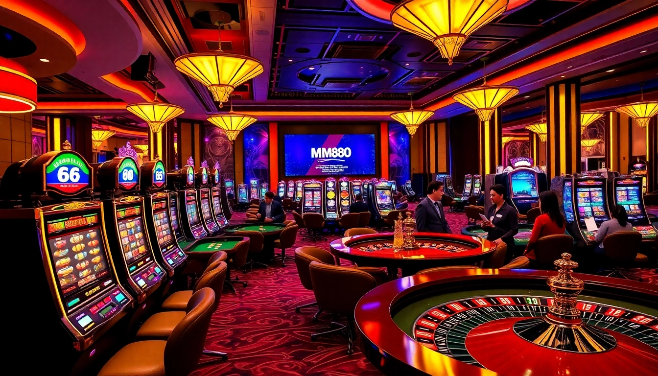 Experience thrilling gameplay at MM88 with vibrant slot machines and bustling casino tables.