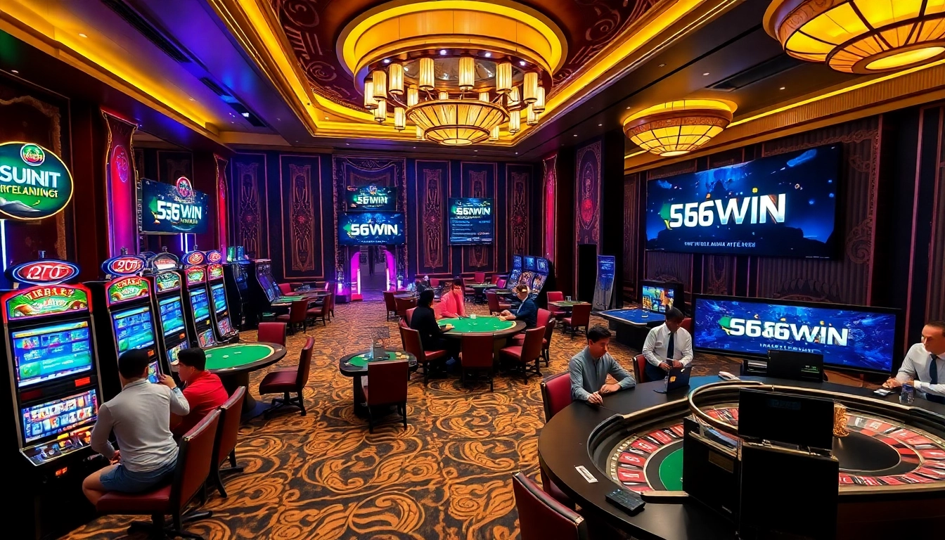 Experience the thrill of gambling at Nhà Cái 56WIN with vibrant casino tables and slot machines.