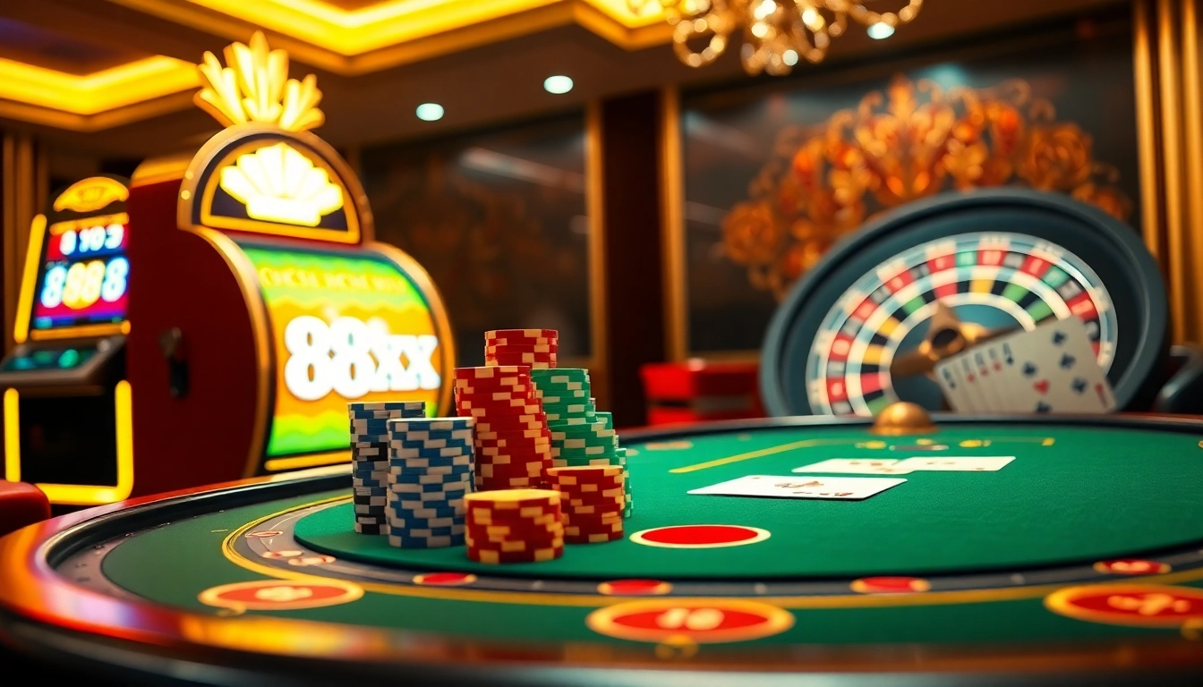 Experience the excitement of gambling at a luxurious casino with poker chips, cards, and the 88xx slot machine.
