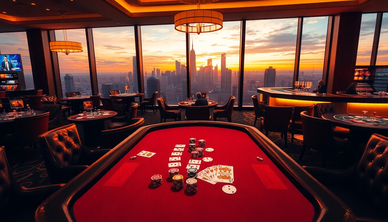 NoHU casino experience with poker chips, cards, and a luxurious city skyline view.