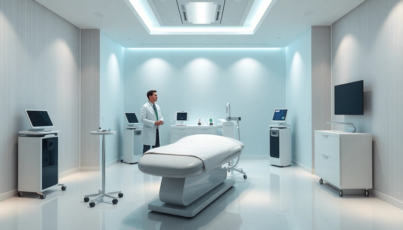 高度なレーザー機器を備えた専門クリニックで、医師が患者を診察する医療脱毛の様子。