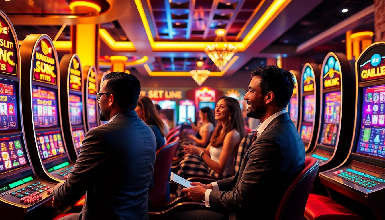 Engage with exciting idn slot games in a vibrant casino setting filled with players and luxury decor.