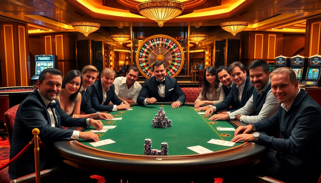 Players strategizing at a lively poker table in an indoxxi-themed casino with luxurious décor.