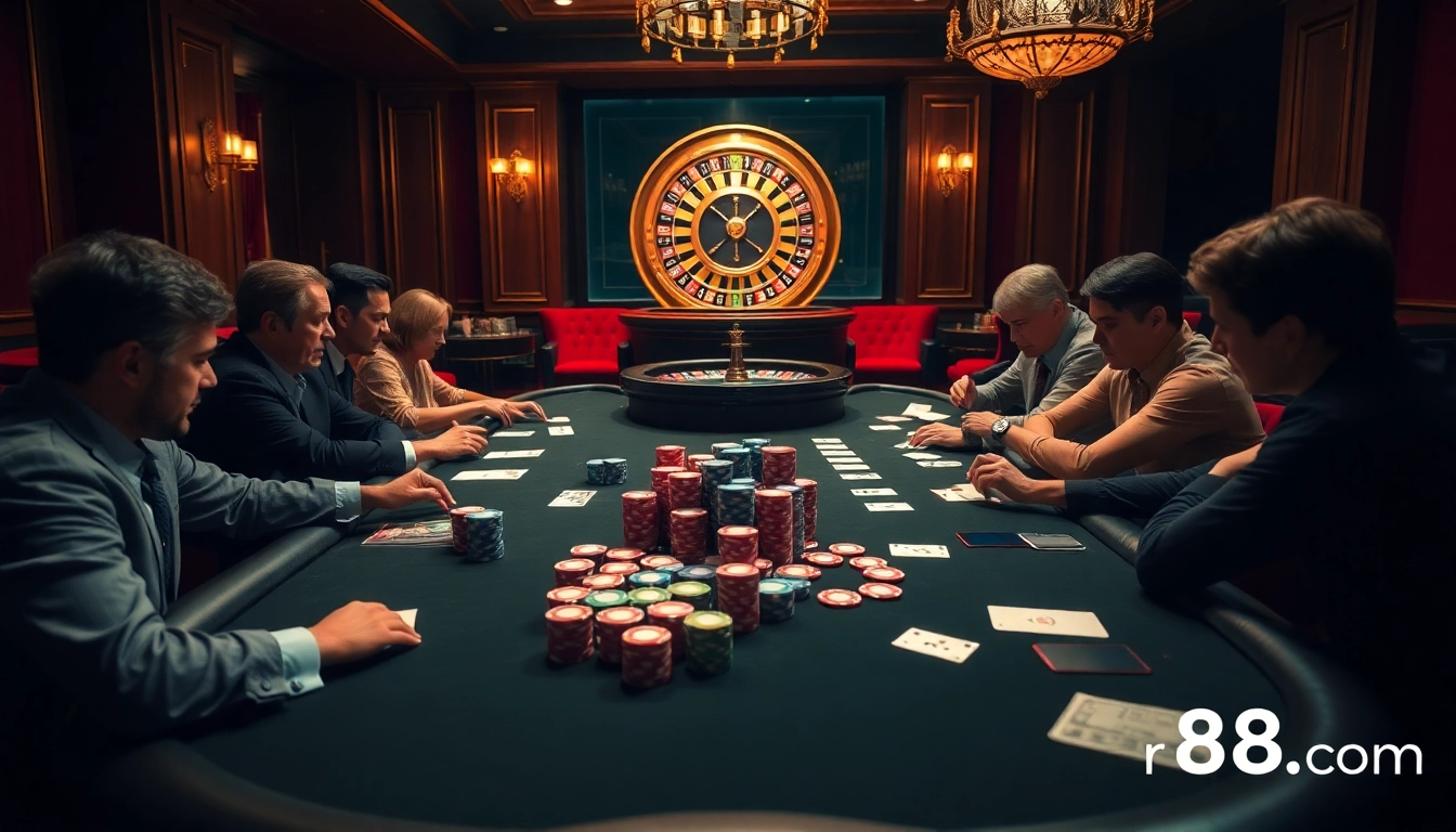 Experience the thrill of rr88.com with vibrant poker chips and a roulette wheel in a luxurious casino ambiance.