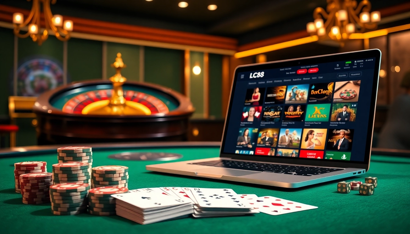 Experience winning strategies at https://lc88.jpn.com/ with a vibrant casino scene featuring poker chips and a roulette wheel.