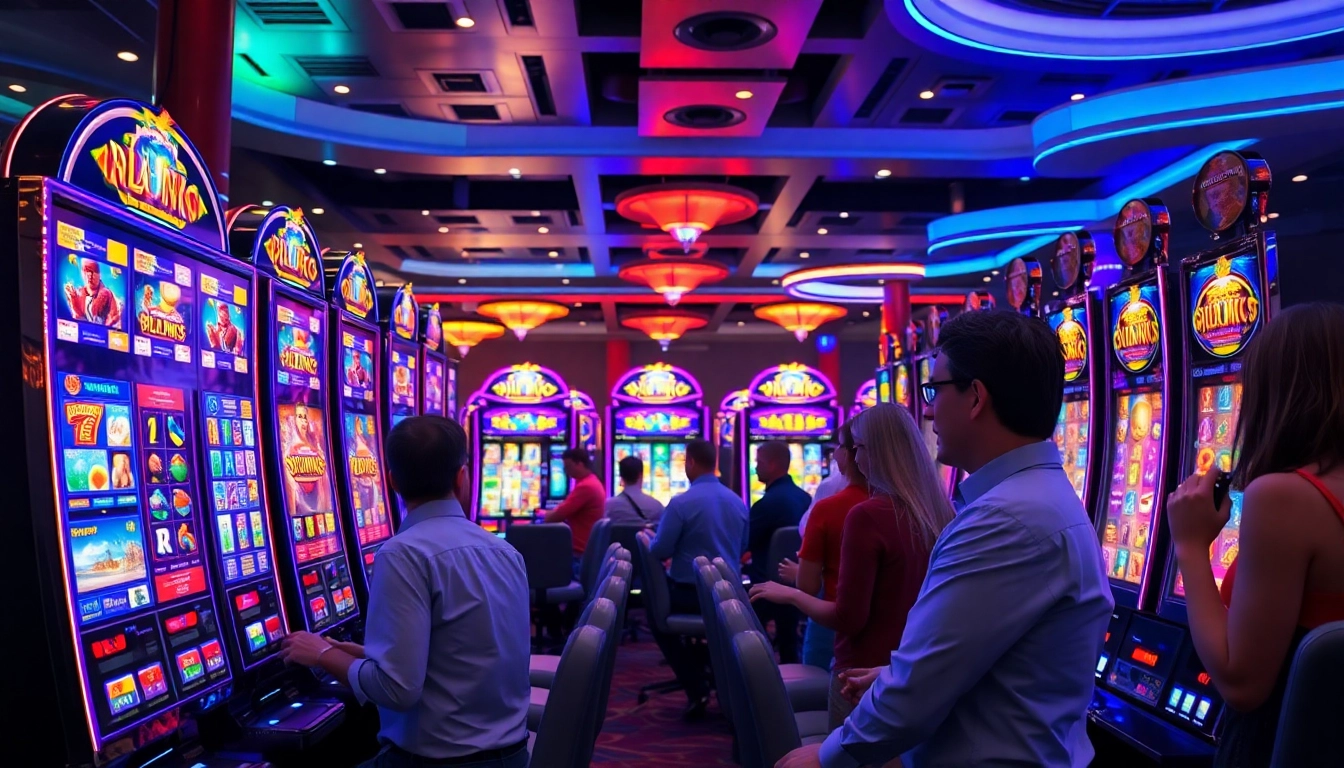 Mengalami keseruan permainan slot depo 1000 dengan mesin slot warna-warni dan pemain yang bahagia.