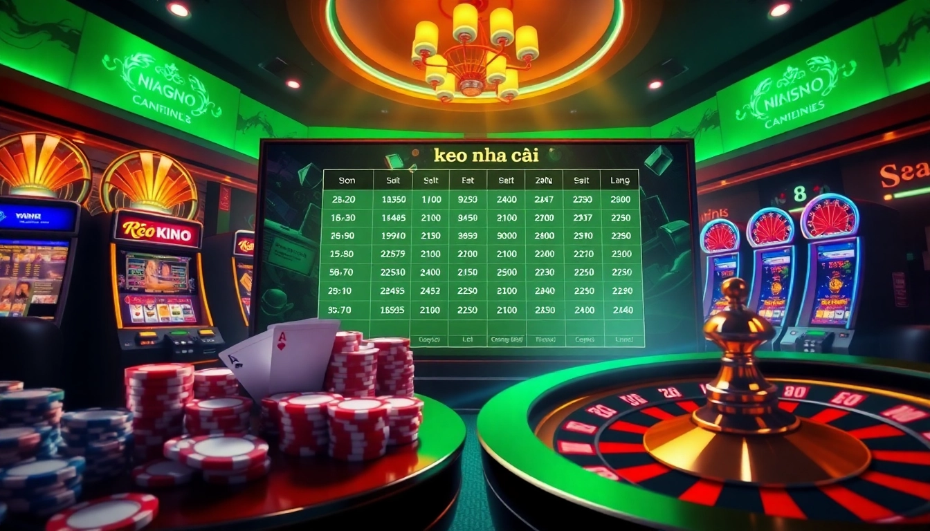 Engaging online gambling display featuring keo nha cai odds with vibrant colors and casino props.