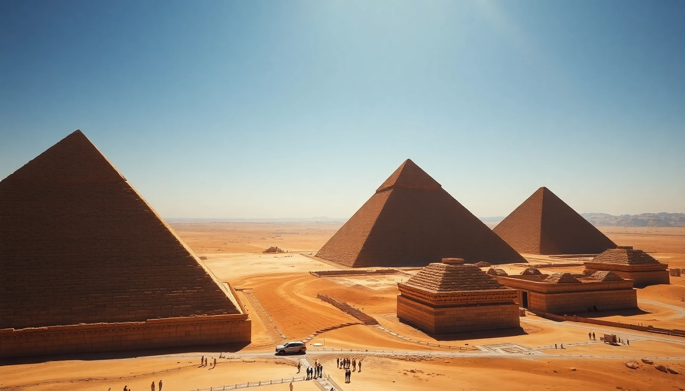 View of the Great Pyramids of Giza, showcasing their grandeur on https://piraminds.com/ with vibrant desert backdrop.