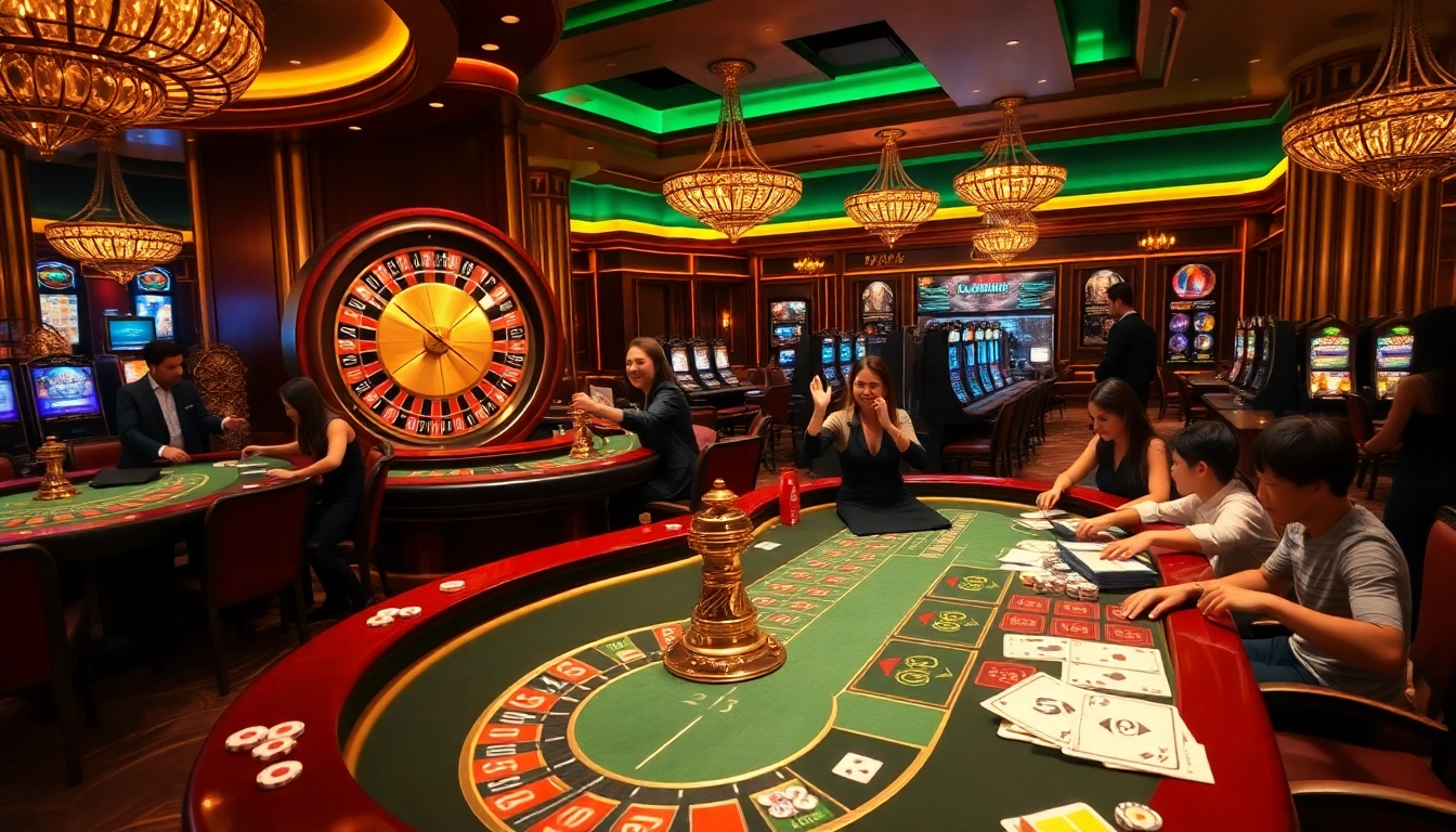 Experience dynamic gaming action at Luckywin casino with vibrant roulette and poker tables.