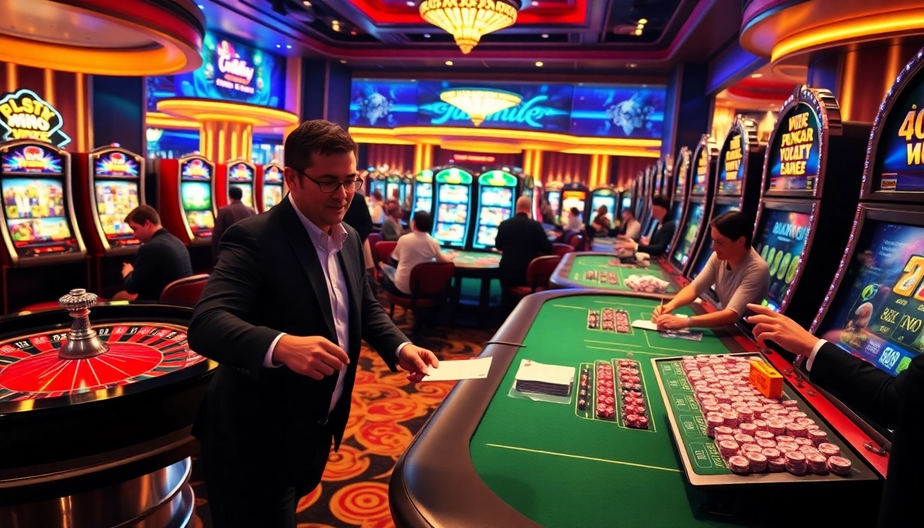 Experience exciting gameplay at oxplay with vibrant casino tables, slot machines, and enthusiastic players.