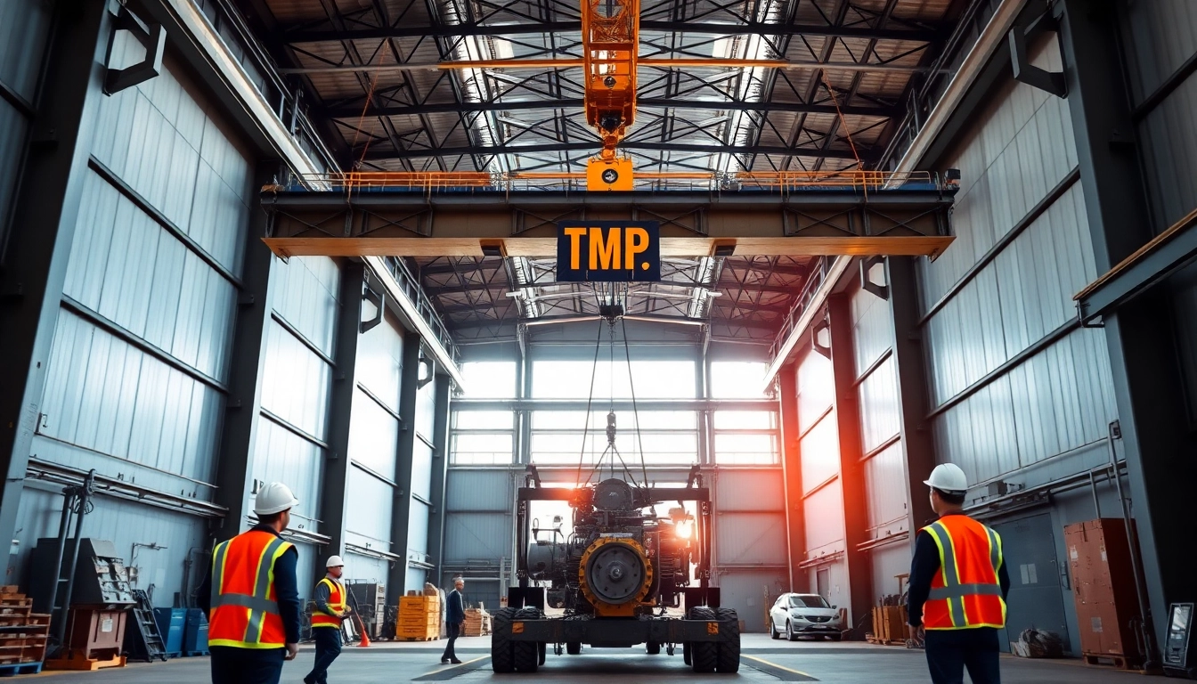 Bridge crane efficiently lifting heavy equipment in a modern industrial warehouse.