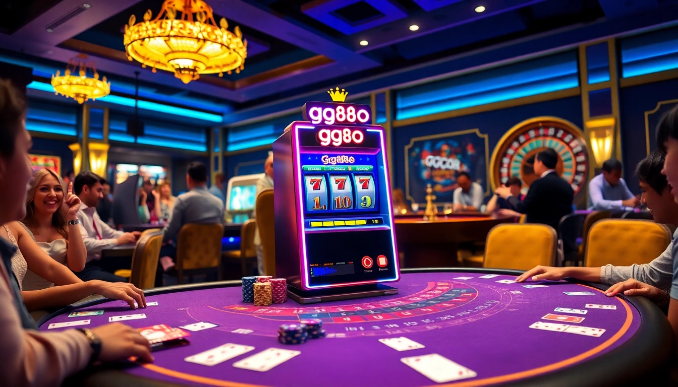 Players enjoying thrilling games at a gg88-branded casino, surrounded by vibrant slot machines and roulette wheels.