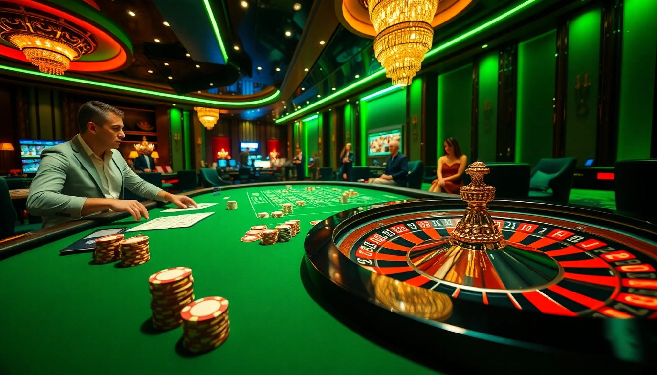 Experience the thrill of Nhà cái S8 with a modern casino scene featuring vibrant poker tables and roulette wheels.