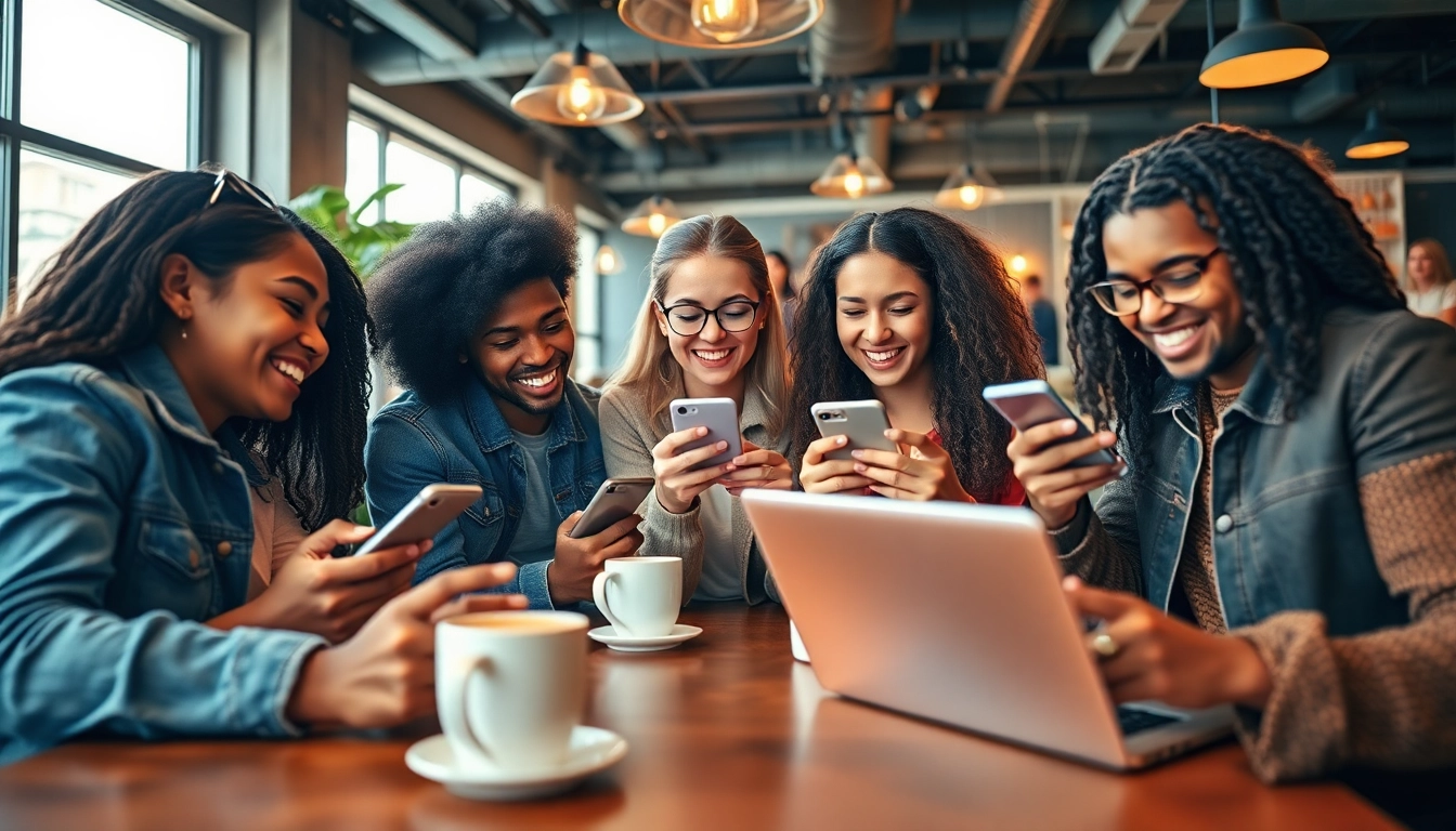 カフェで楽しい時間を過ごしつつ、スマートフォンでインスタ エロ垢を探索する人々。