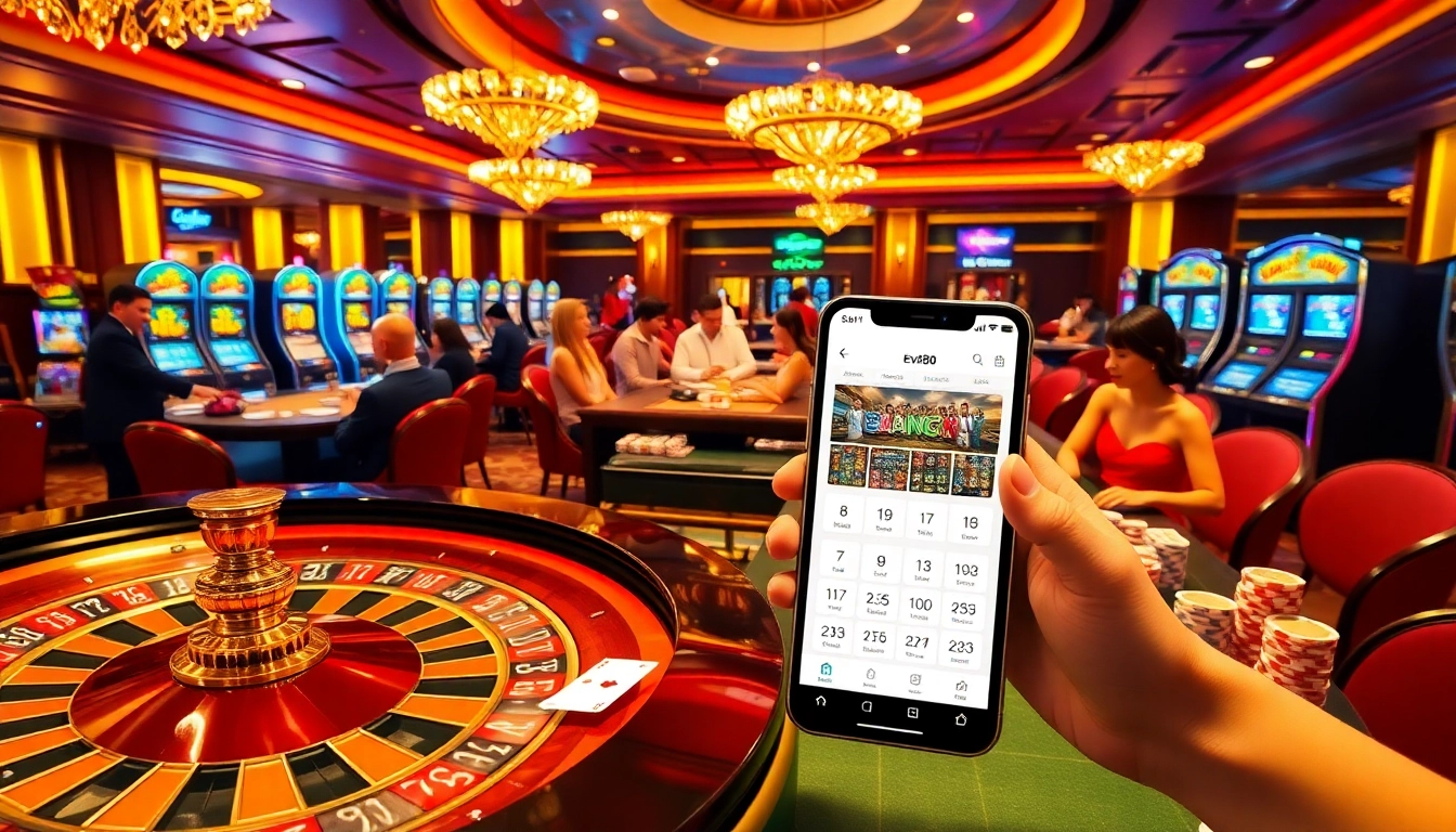 Players enjoying their experience at a glamorous casino while tapping into the tải app ev88 for gaming thrills.