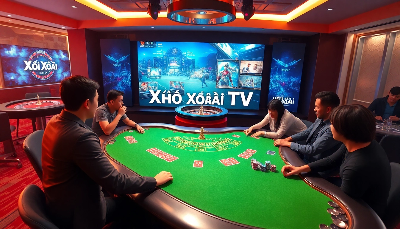 Xôi Xoài TV enhances gambling excitement with a vibrant esports casino scene featuring poker and roulette.