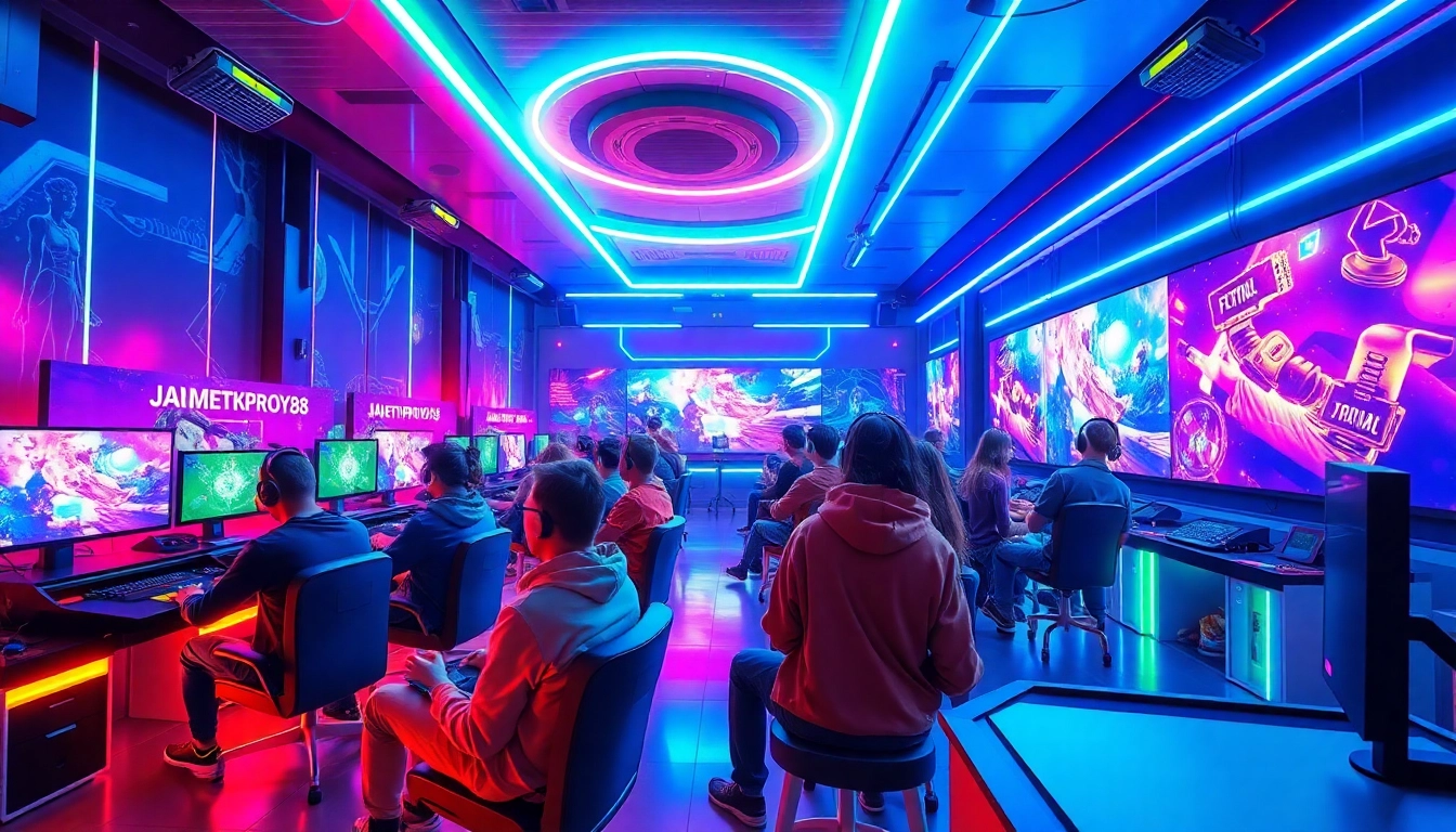 Engaging gaming scene featuring JAMETKUPROY88 with neon lights and diverse players in a futuristic setup.