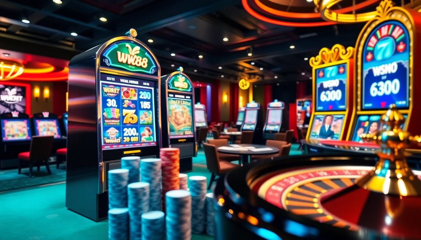 Experience the excitement of ww88 casino games with vibrant slot machines and poker chips in play.