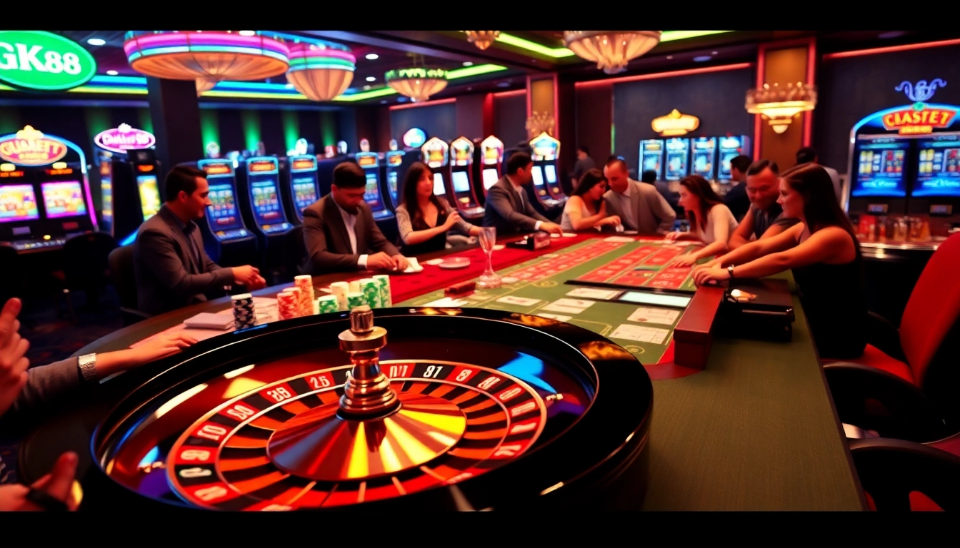 Experience thrilling gambling action with GK88 at a vibrant casino table filled with poker chips and cards.