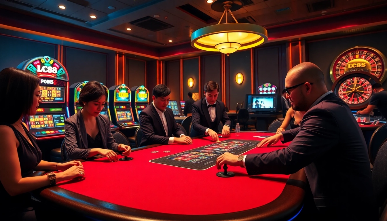 Experience high-stakes poker at LC88 with vibrant chips and stylish players.