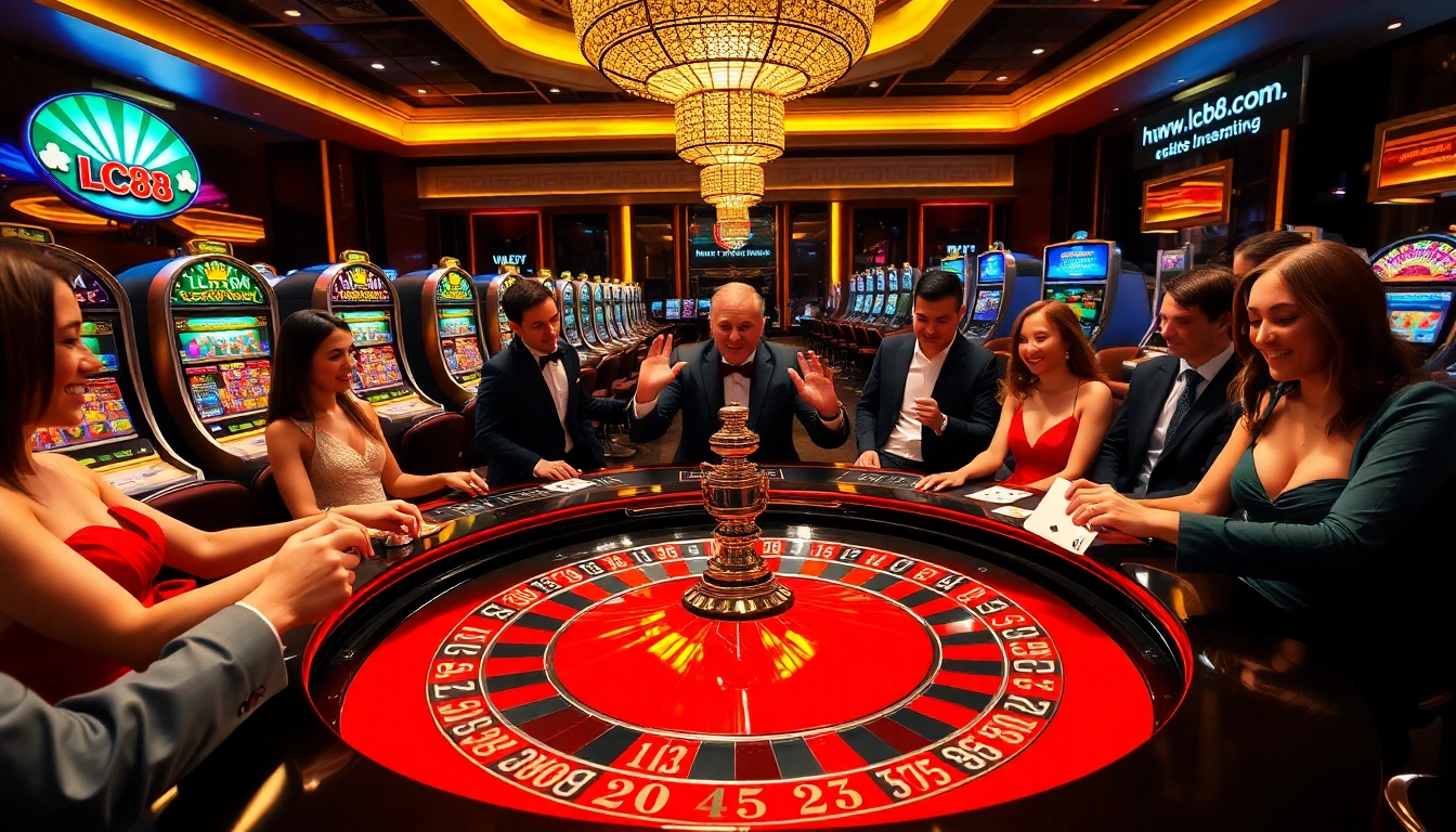 Experience the excitement of gambling with https://lc88.markerting/ at a luxurious casino featuring a roulette table and vibrant slot machines.