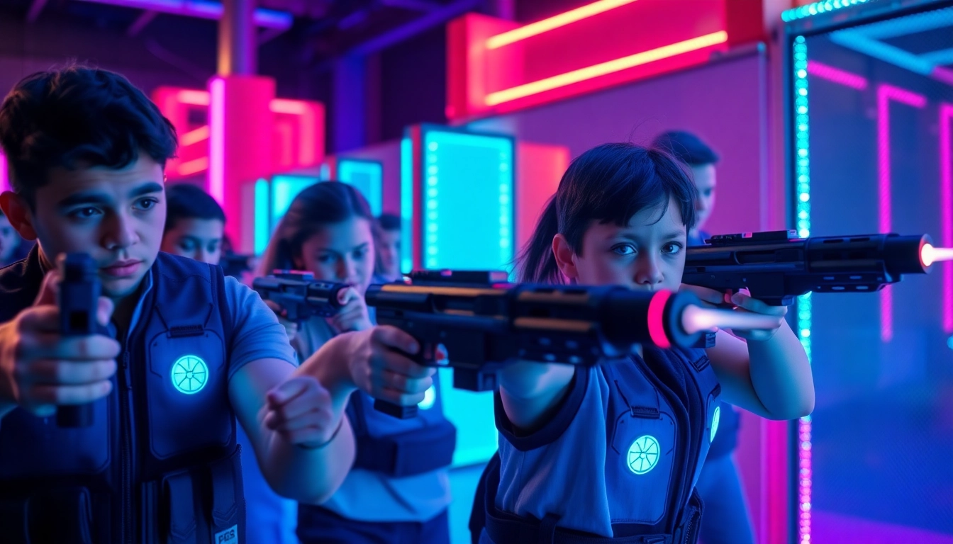 Engaged players participating in a thrilling Laser tag game in a colorful arena.