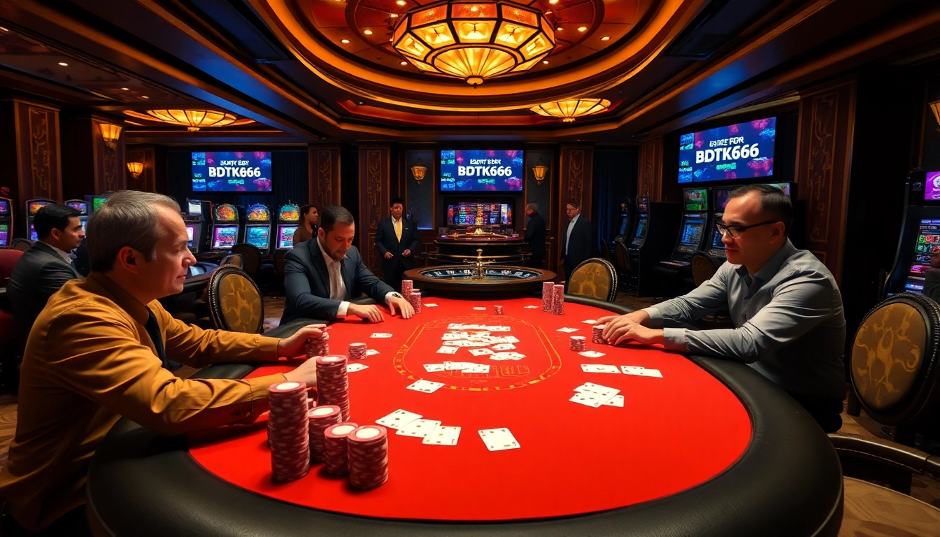 Engaging poker game scene with players and elements of BDTK666 in a luxurious casino setting.