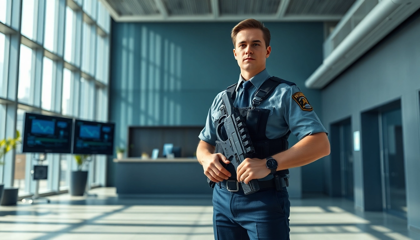 Armed security guard maintaining safety in a corporate environment.