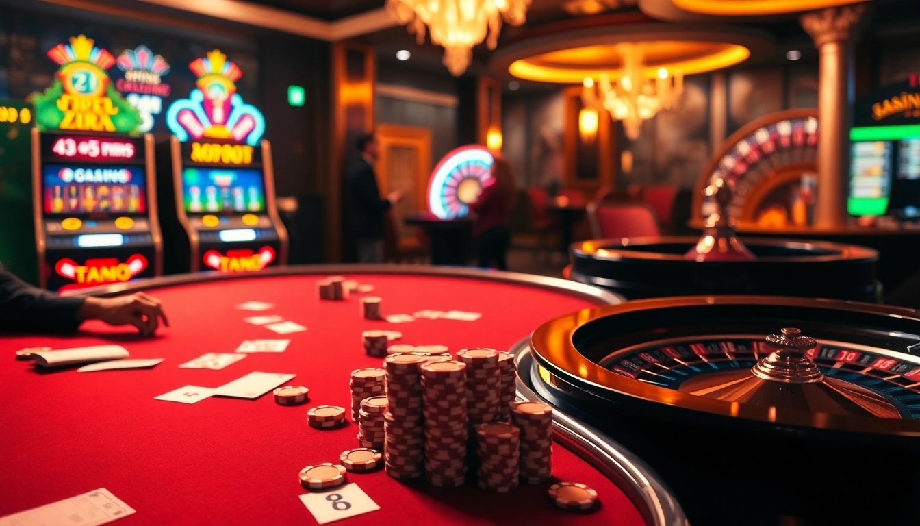 Exciting gameplay at i5bet with players at a poker table and colorful slot machines.