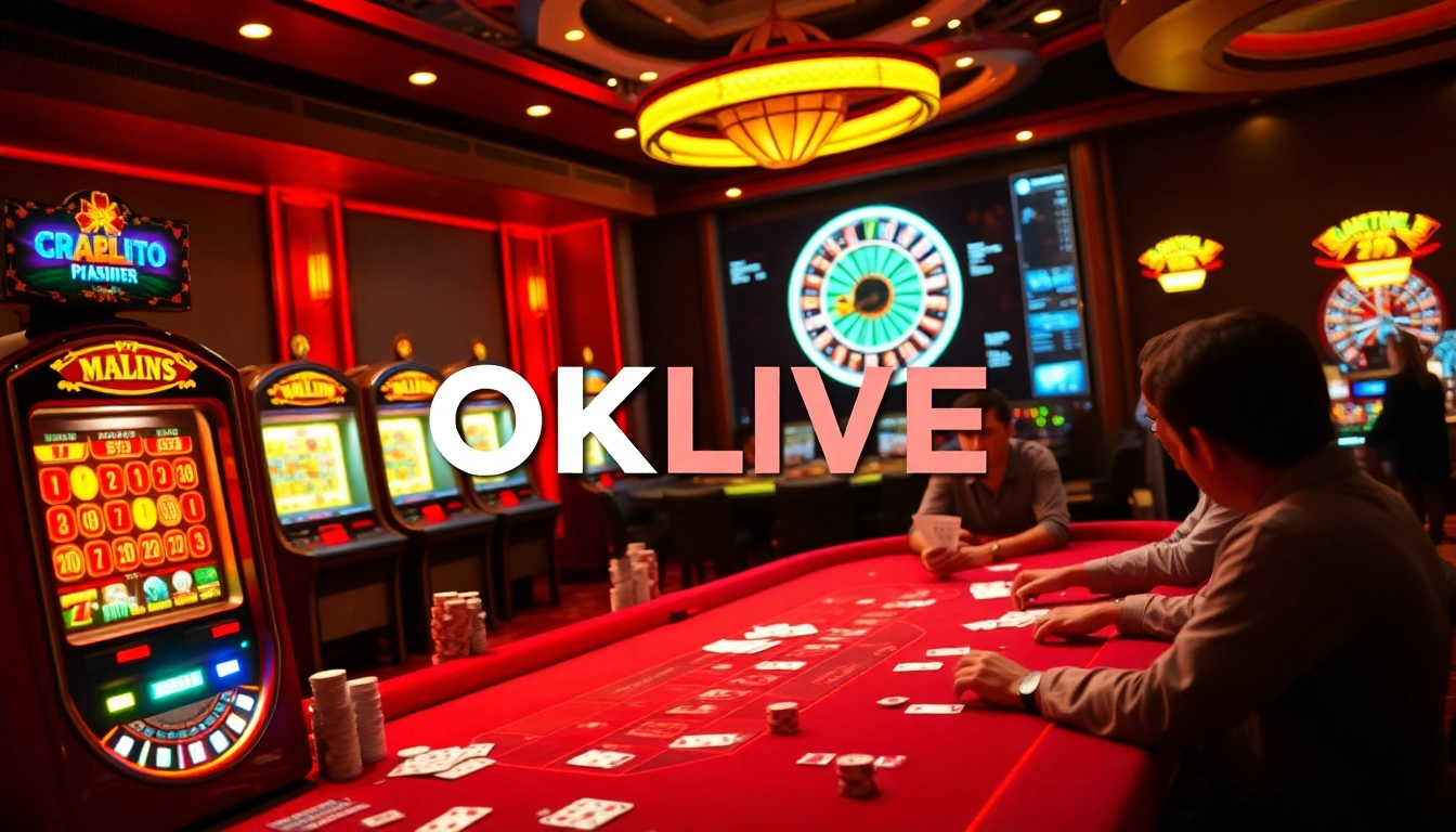 Highlighting an exciting casino atmosphere with OKLIVE branding, featuring vibrant poker and roulette games.