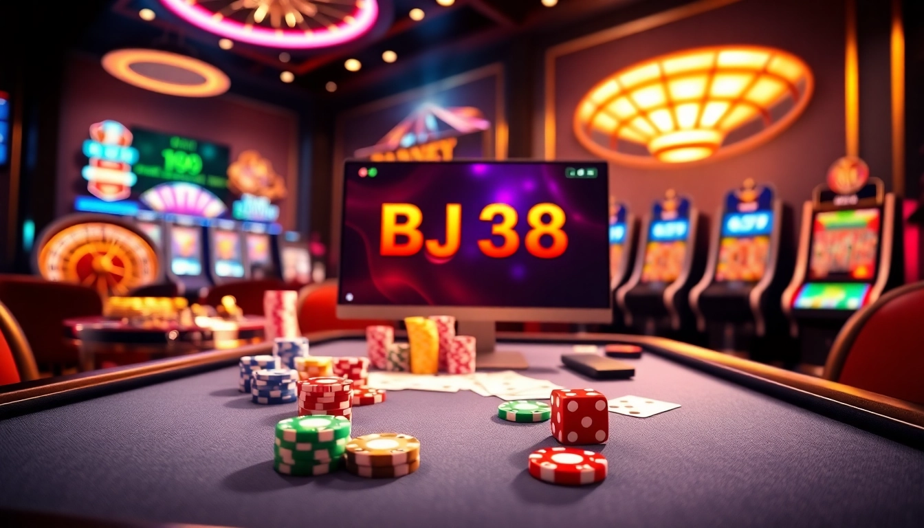 Experience the excitement of BJ38 online gaming with vibrant casino tables and colorful betting elements.