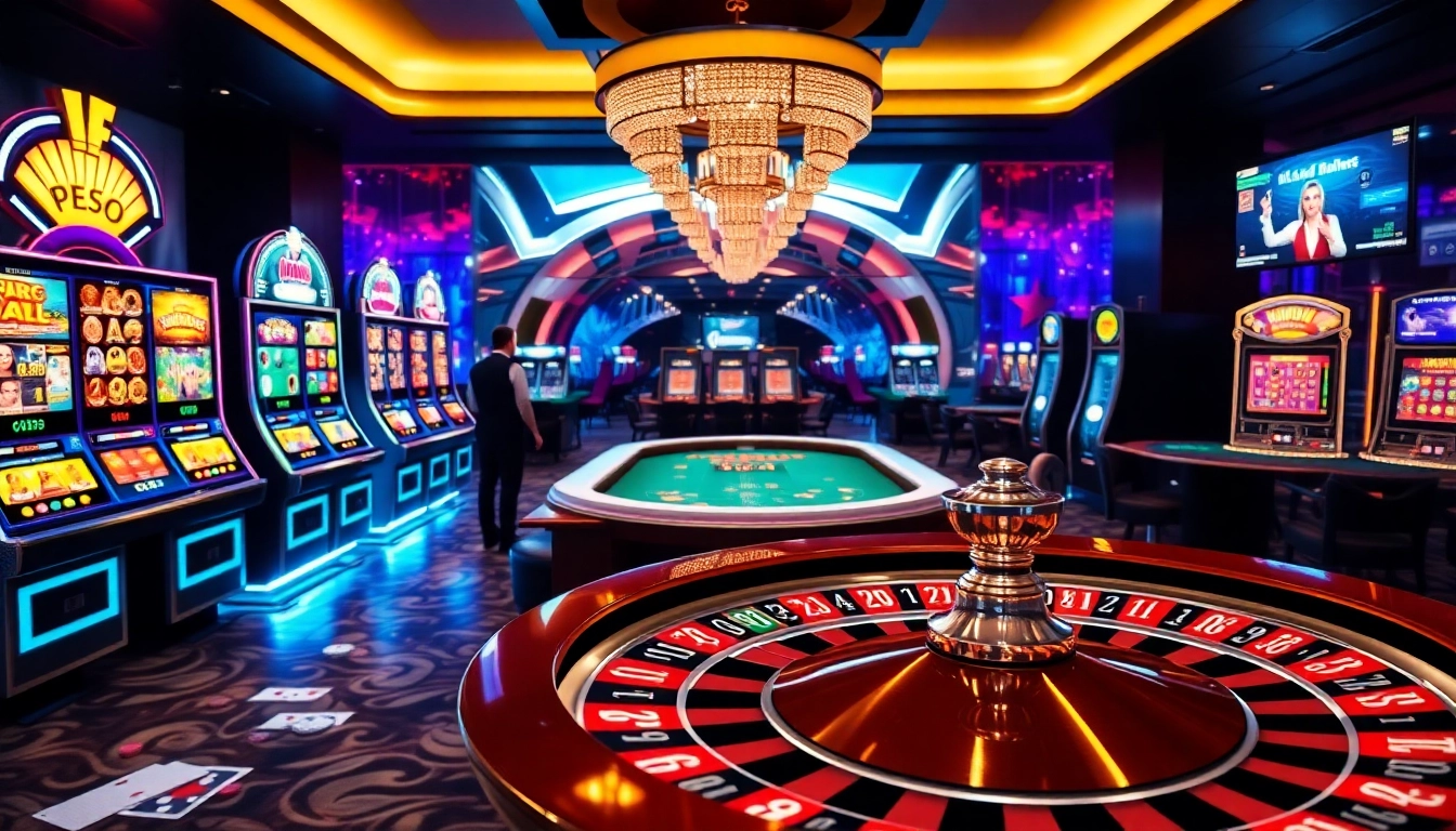 Experience the excitement of LC88's online casino with vibrant slot machines and roulette wheel.