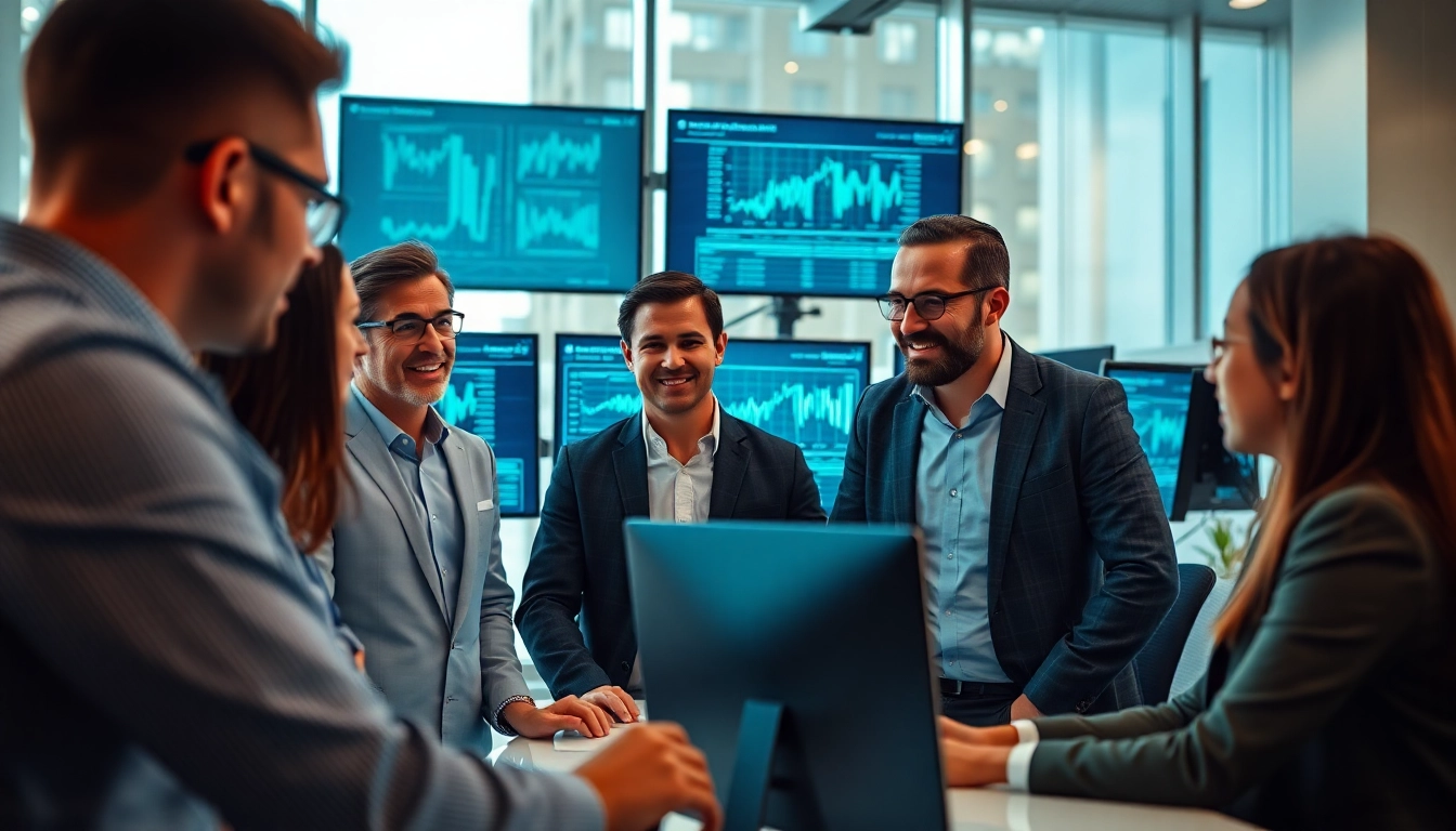 Engaged team discussing SME AI consulting services in a modern office setting with data analytics.